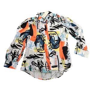 Red Leaf Graffiti Abstract Faces Button Up Shirt Size Large Womens NEW